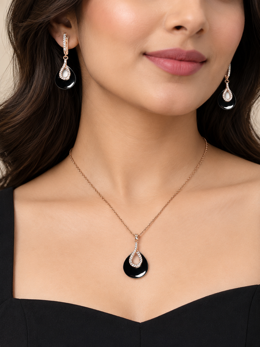 Black Ceramic Teardrop Necklace Set with Rose Gold-Tone Stone Detailing