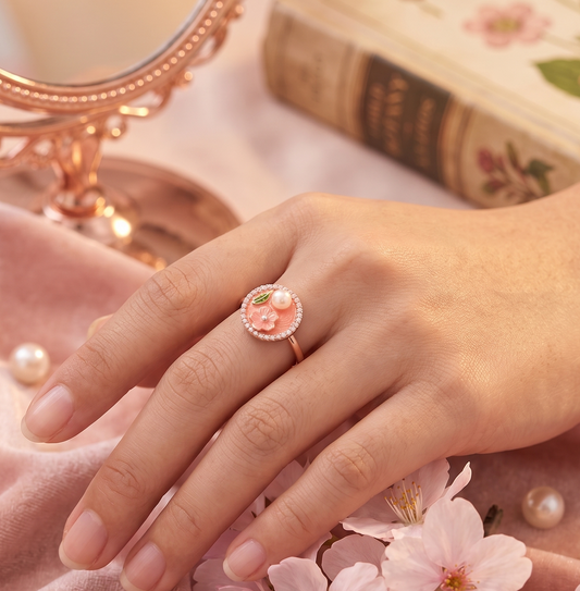 Coral Blossom & Pearl Medallion Ring
