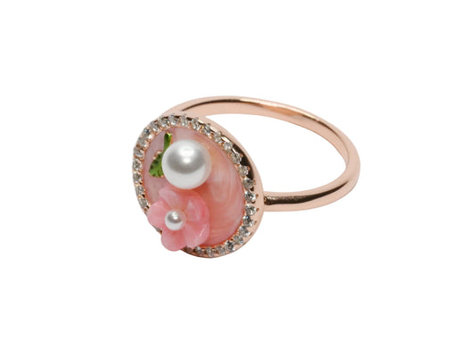 Coral Blossom & Pearl Medallion Ring