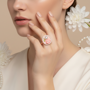 Coral Blossom & Pearl Medallion Ring