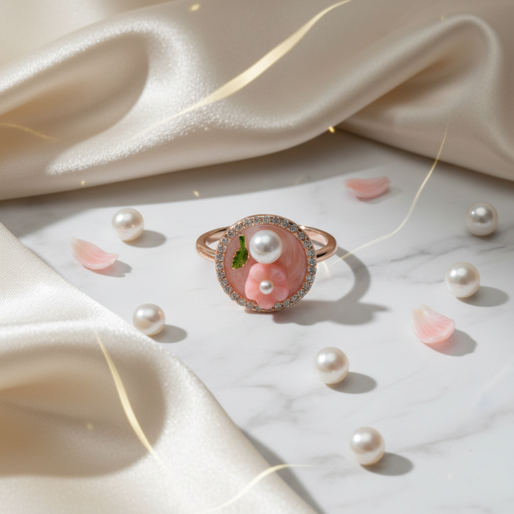 Coral Blossom & Pearl Medallion Ring
