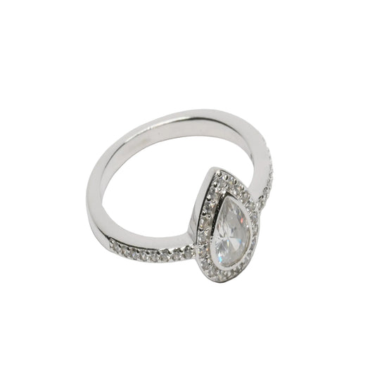 Teardrop Halo Solitaire Ring – Silver Finish