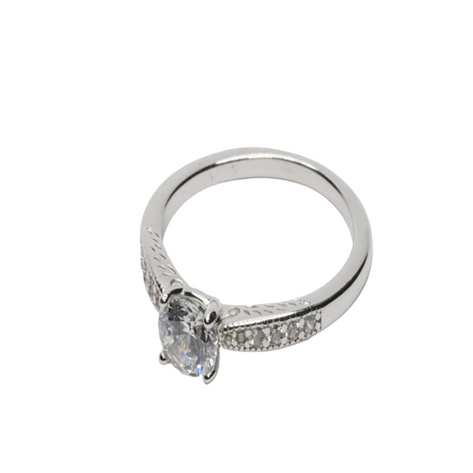 Classic Solitaire Crystal Ring with Pavé Band – Silver Finish