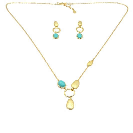Golden Turquoise Circle Pendant & Drop Earrings Jewelry Set