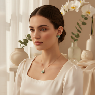Emerald Bloom Floral Enamel Earrings & Pendant Jewelry Set