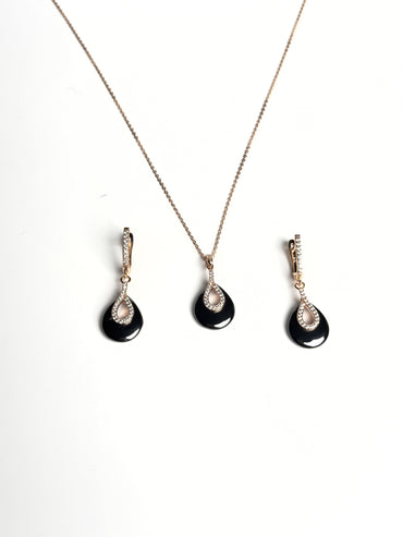 Black Ceramic Teardrop Necklace Set with Rose Gold-Tone Stone Detailing