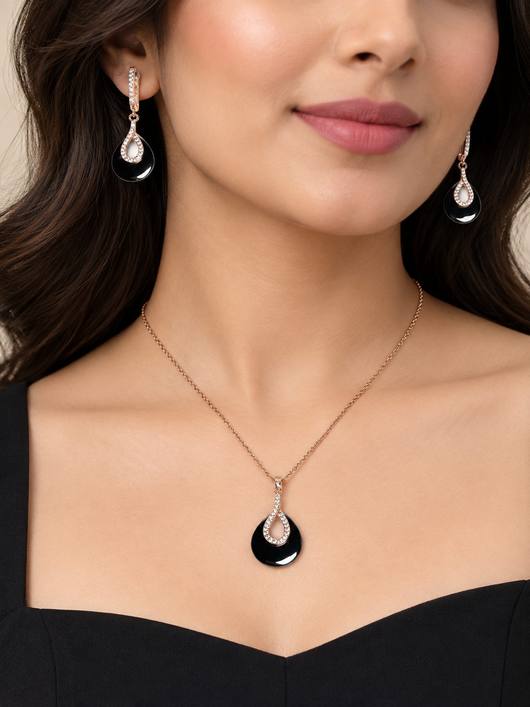 Black Ceramic Teardrop Necklace Set with Rose Gold-Tone Stone Detailing