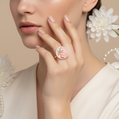 Coral Blossom & Pearl Medallion Ring