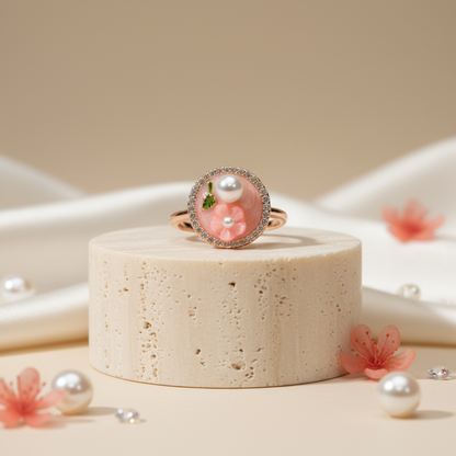 Coral Blossom & Pearl Medallion Ring