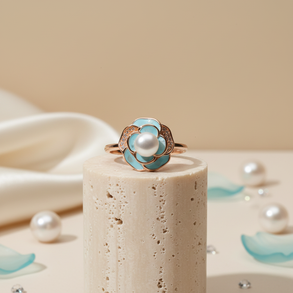 Azure Camellia Pearl Ring