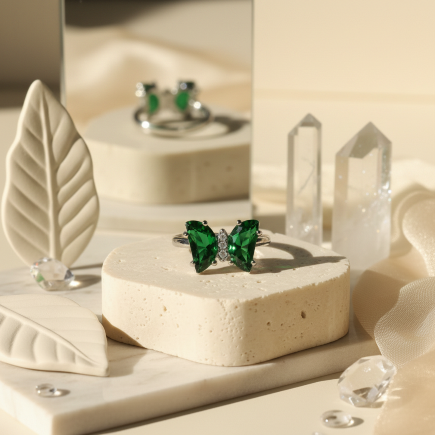 Emerald Butterfly Silver Ring