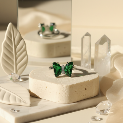 Emerald Butterfly Silver Ring
