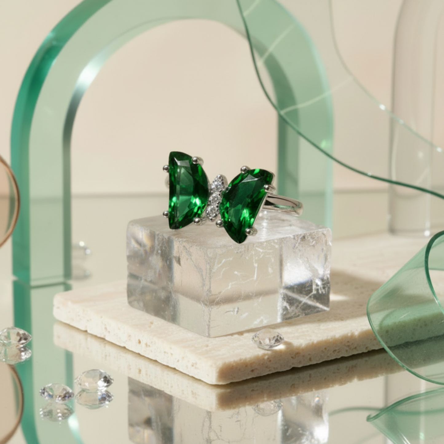 Emerald Butterfly Silver Ring