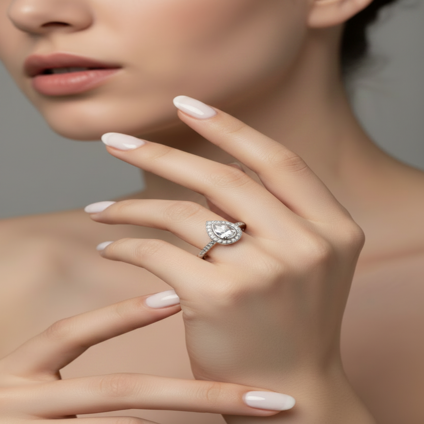 Teardrop Halo Solitaire Ring – Silver Finish