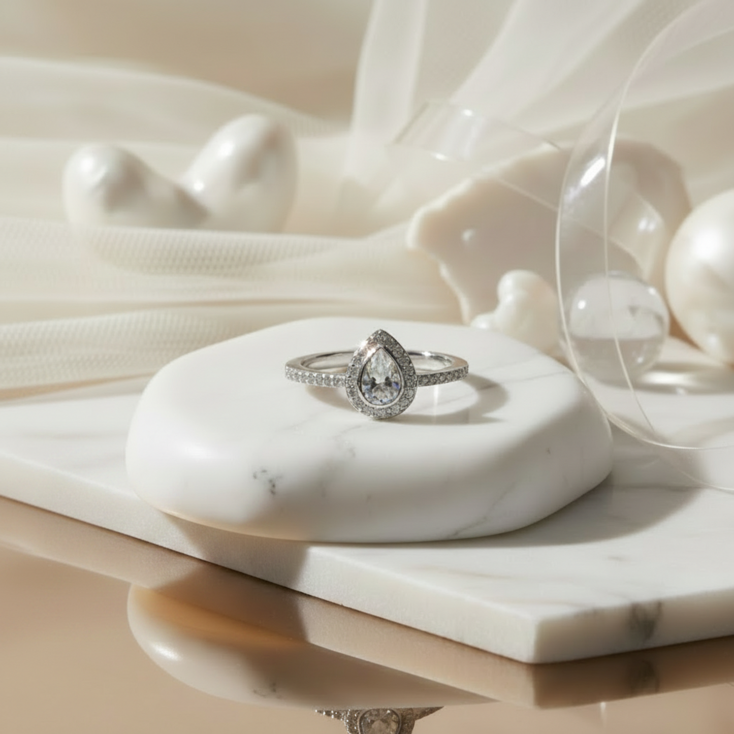 Teardrop Halo Solitaire Ring – Silver Finish