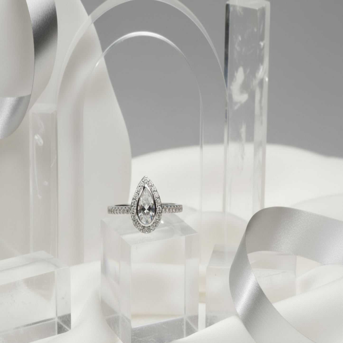 Teardrop Halo Solitaire Ring – Silver Finish