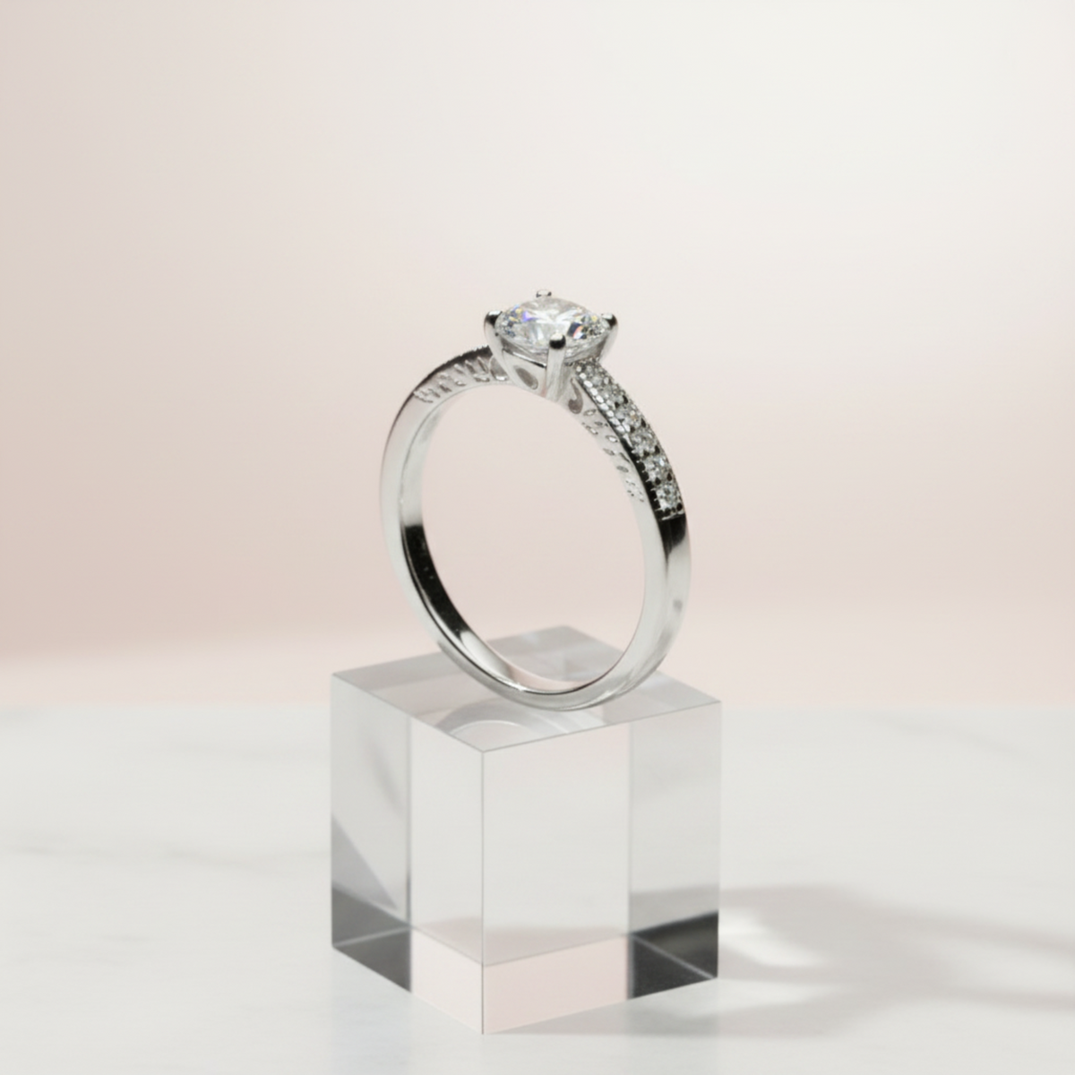 Classic Solitaire Crystal Ring with Pavé Band – Silver Finish