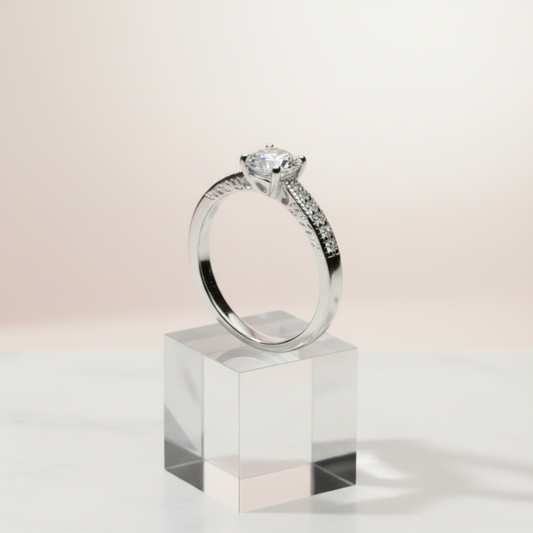 Classic Solitaire Crystal Ring with Pavé Band – Silver Finish
