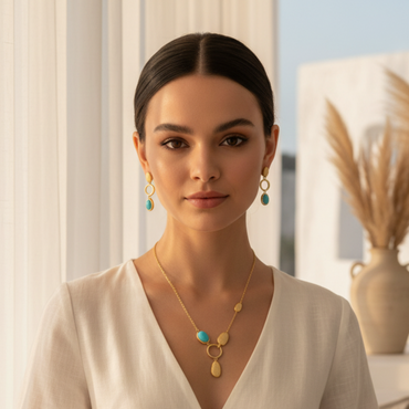 Golden Turquoise Circle Pendant & Drop Earrings Jewelry Set
