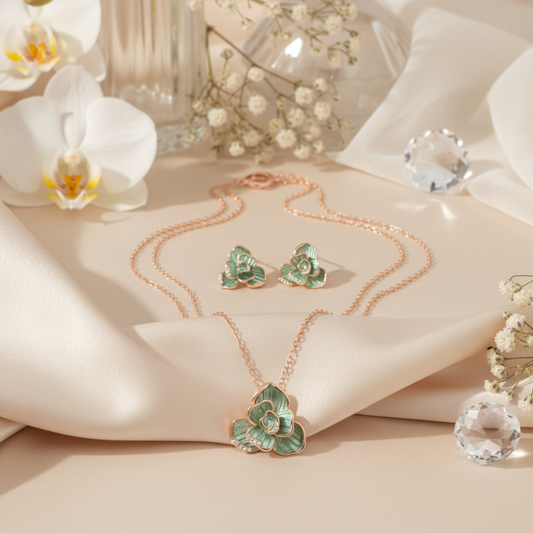 Emerald Bloom Floral Enamel Earrings & Pendant Jewelry Set