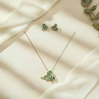 Emerald Bloom Floral Enamel Earrings & Pendant Jewelry Set
