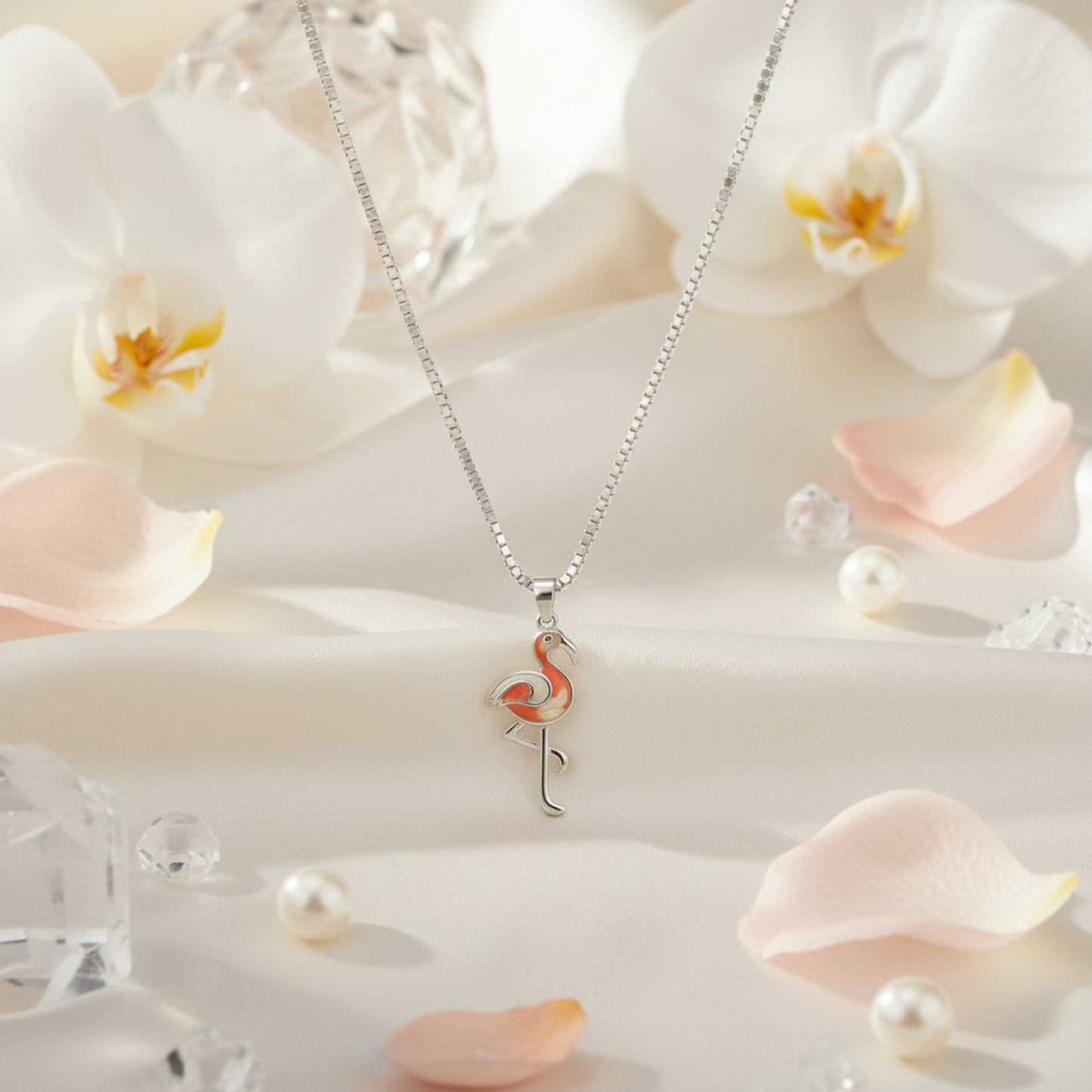 Silver Flamingo Enamel Pendant Necklace