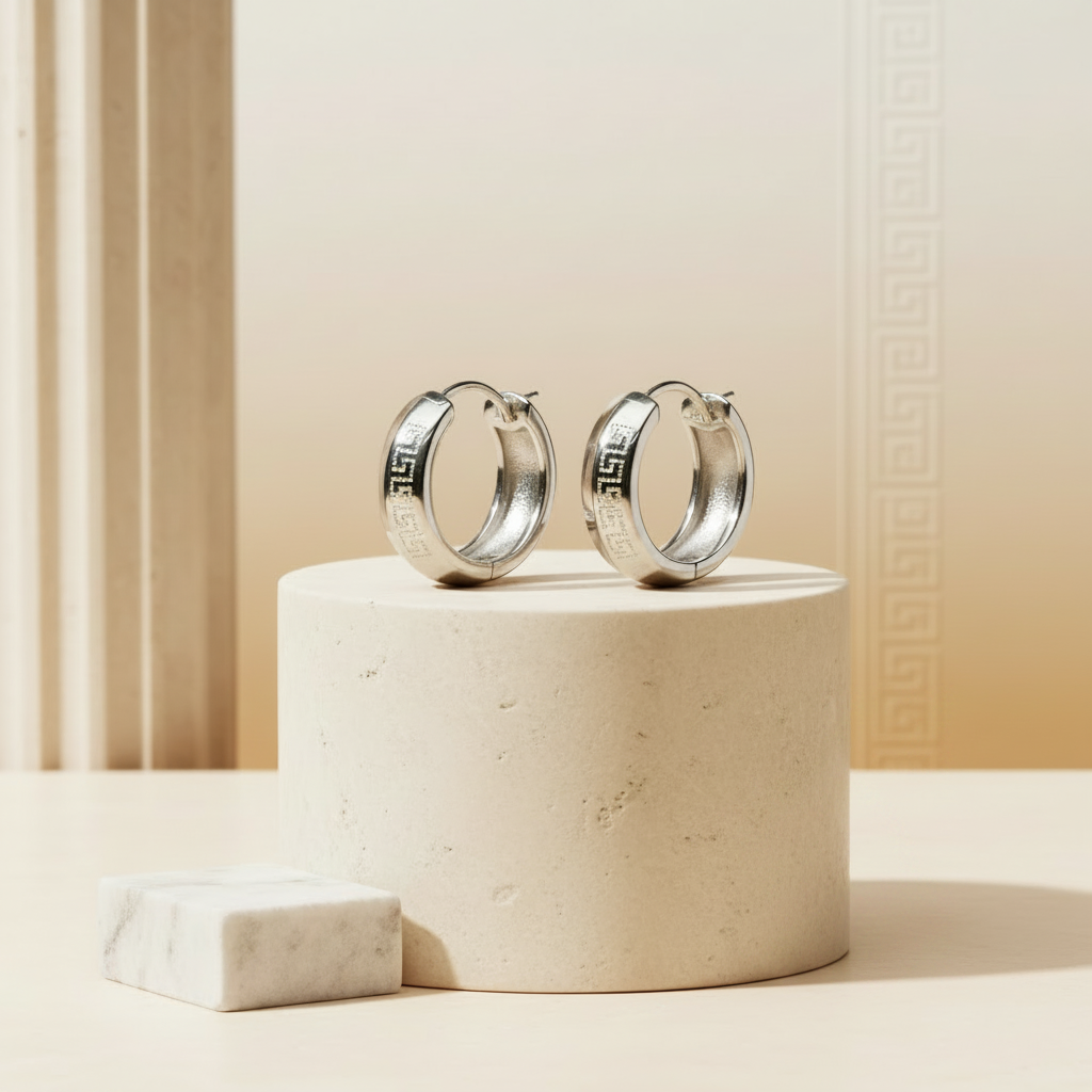 Greek Key Engraved Huggie Hoops