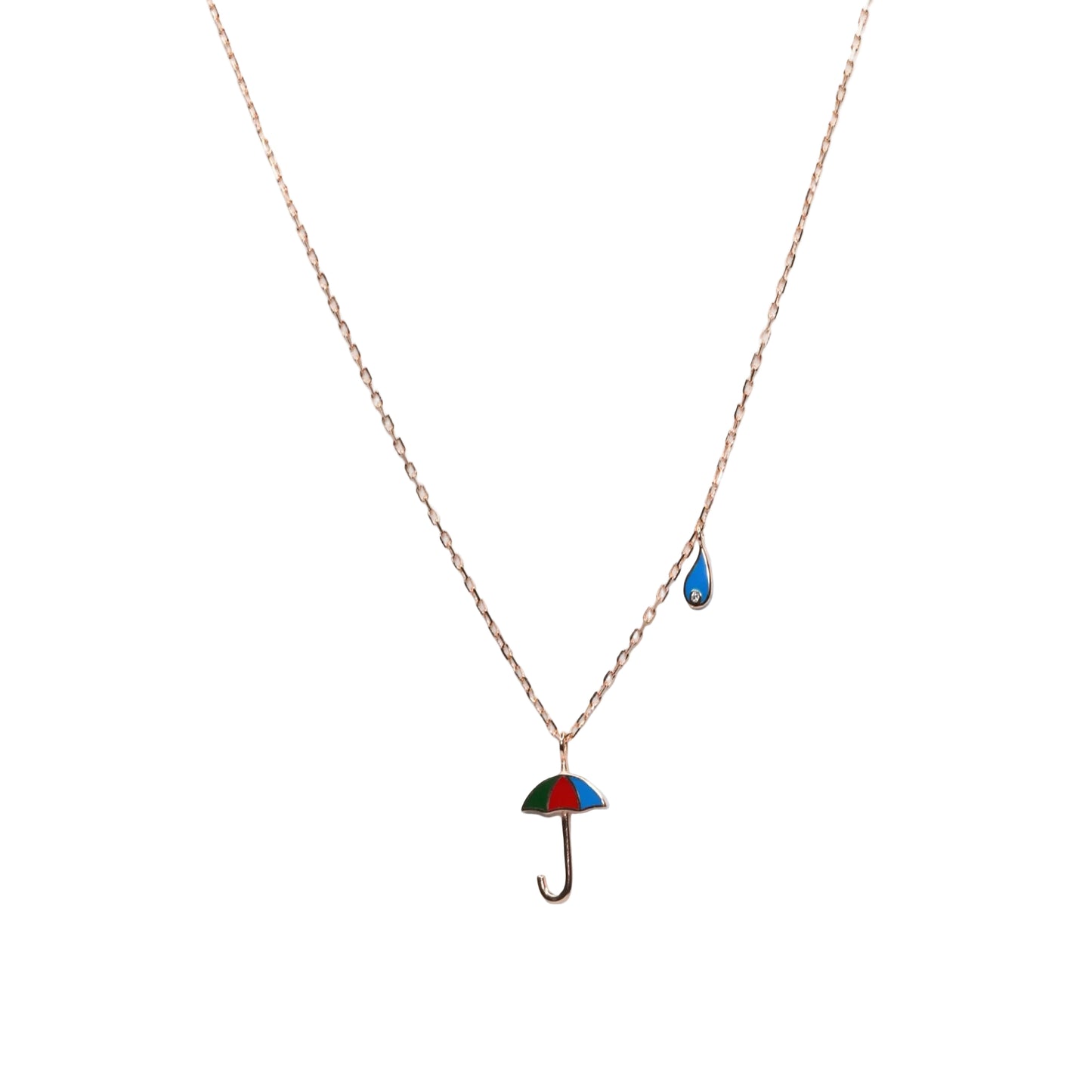 Rose Gold Umbrella Pendant Necklace with Blue Raindrop Charm