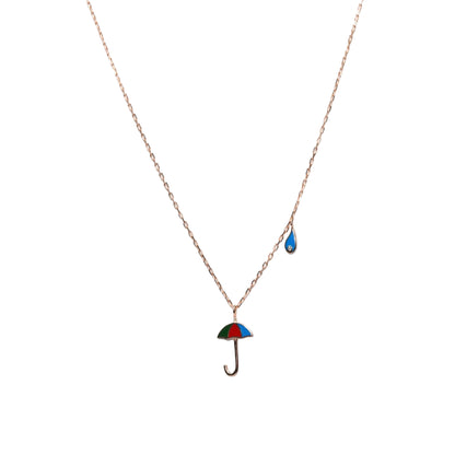 Rose Gold Umbrella Pendant Necklace with Blue Raindrop Charm