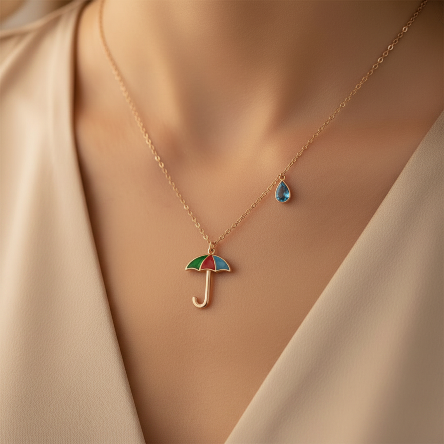 Rose Gold Umbrella Pendant Necklace with Blue Raindrop Charm