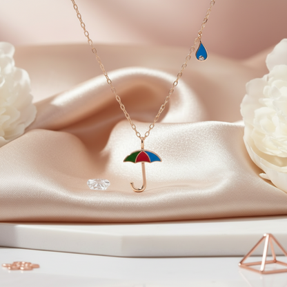 Rose Gold Umbrella Pendant Necklace with Blue Raindrop Charm