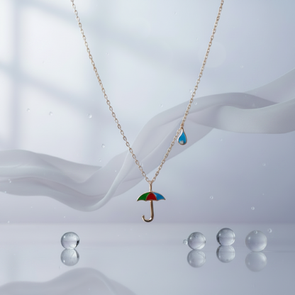 Rose Gold Umbrella Pendant Necklace with Blue Raindrop Charm