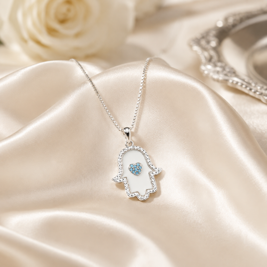 Silver Hamsa Hand Evil Eye Pendant Necklace
