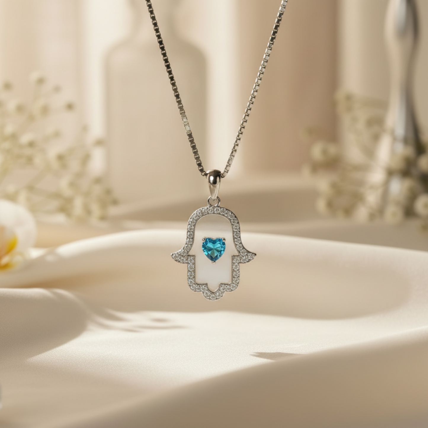 Silver Hamsa Hand Evil Eye Pendant Necklace