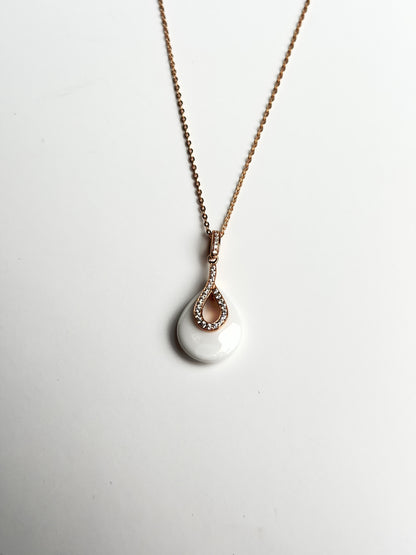 Elegant Rose Gold White Ceramic Teardrop Necklace Set with Matching Earrings