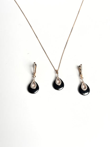 Black Ceramic Teardrop Necklace Set with Rose Gold-Tone Stone Detailing