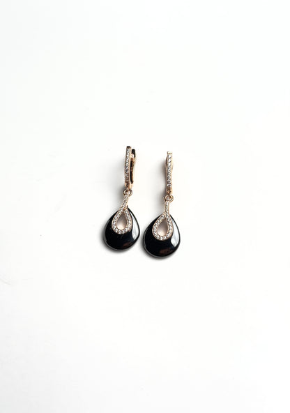 Black Ceramic Teardrop Necklace Set with Rose Gold-Tone Stone Detailing