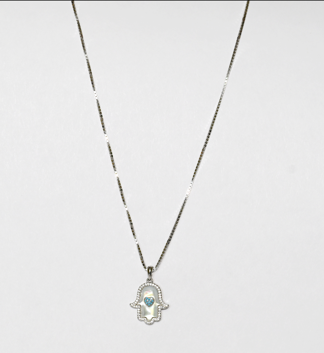 Silver Hamsa Hand Evil Eye Pendant Necklace