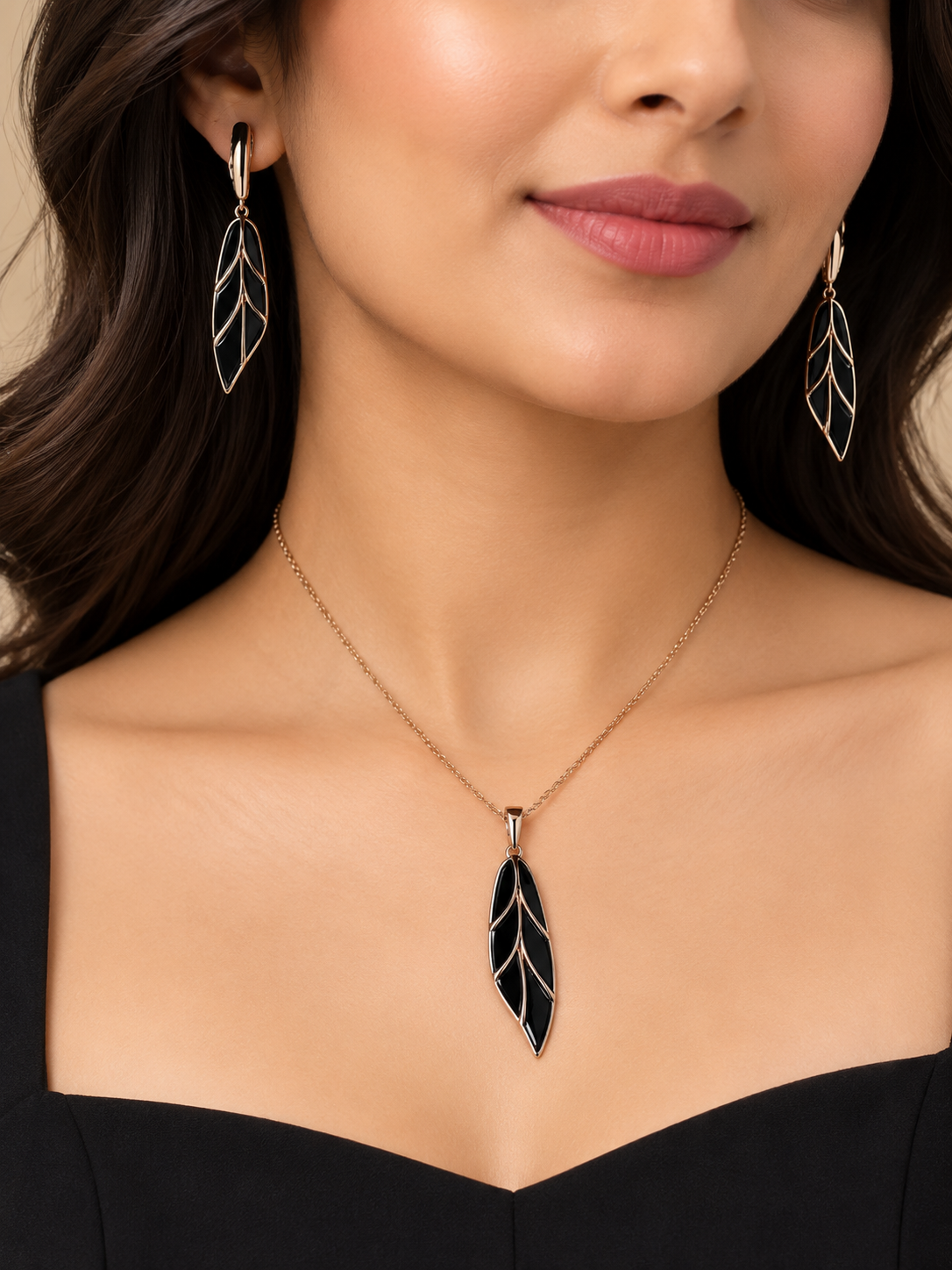 Black Ceramic Leaf Design Necklace Set with Gold-Tone Detailing