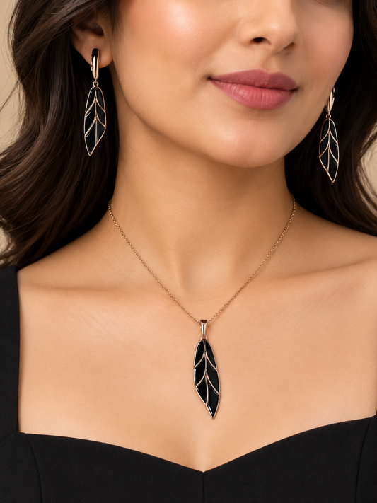 Black Ceramic Leaf Design Necklace Set with Gold-Tone Detailing