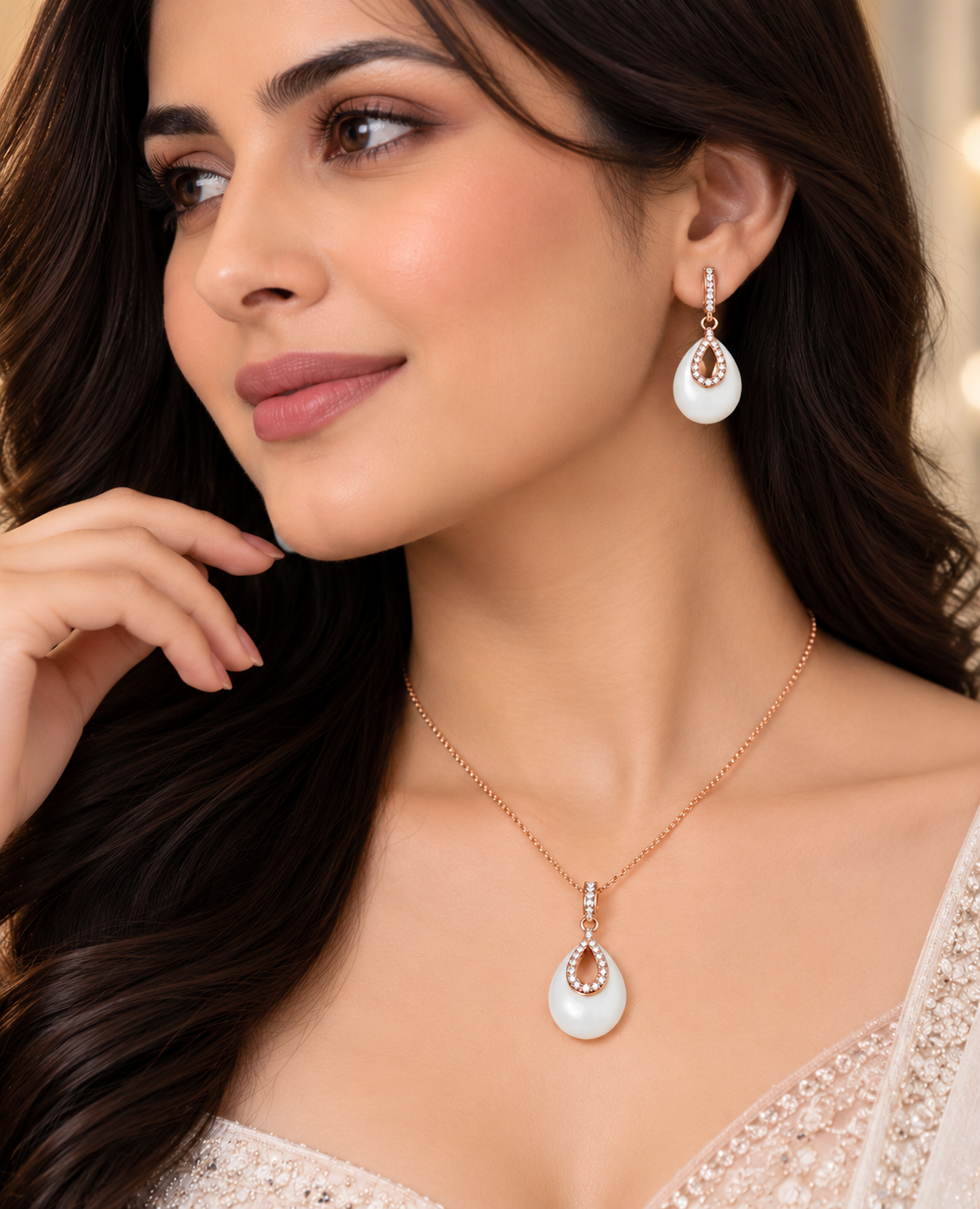 Elegant Rose Gold White Ceramic Teardrop Necklace Set with Matching Earrings